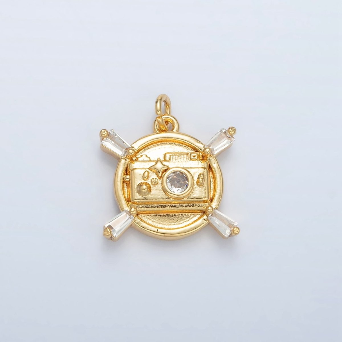 24K Gold plated CZ Camera Round Charm | AC - 146 - DLUXCA