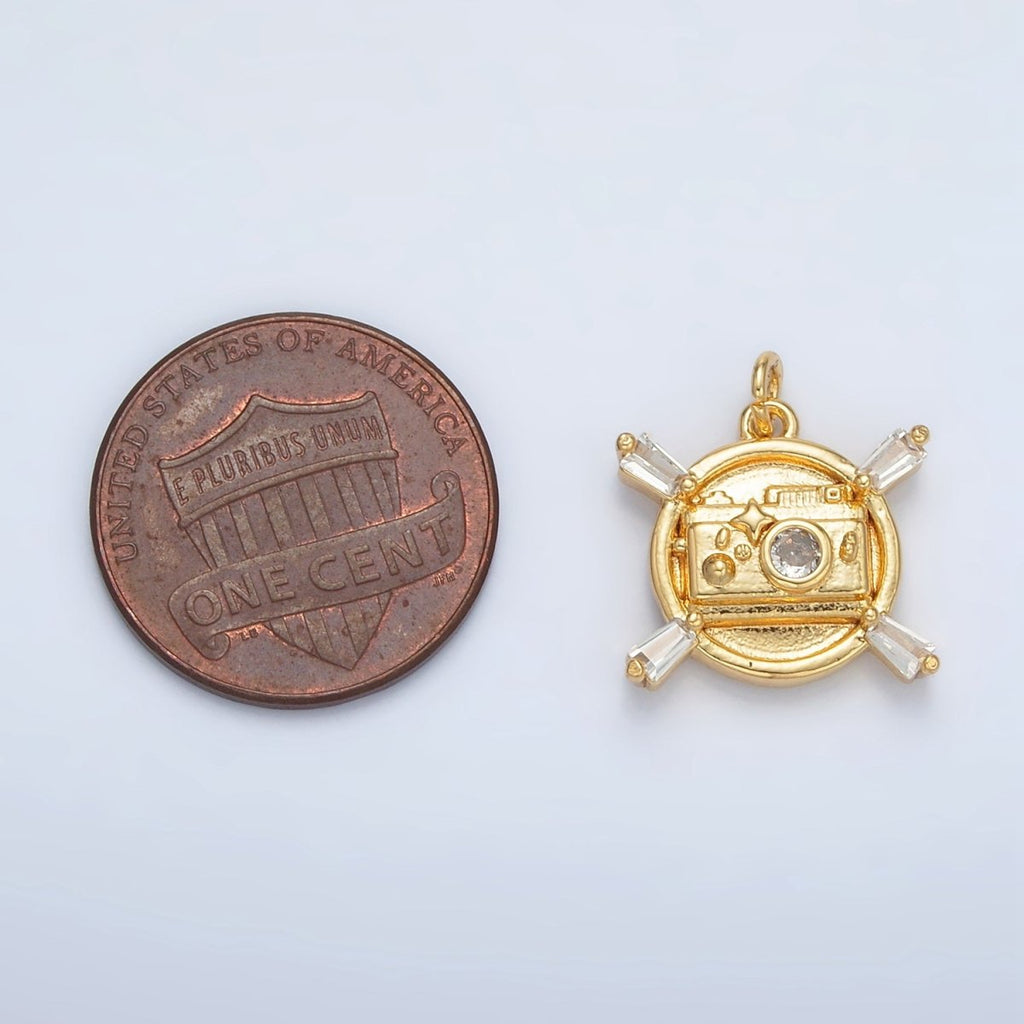 24K Gold plated CZ Camera Round Charm | AC - 146 - DLUXCA