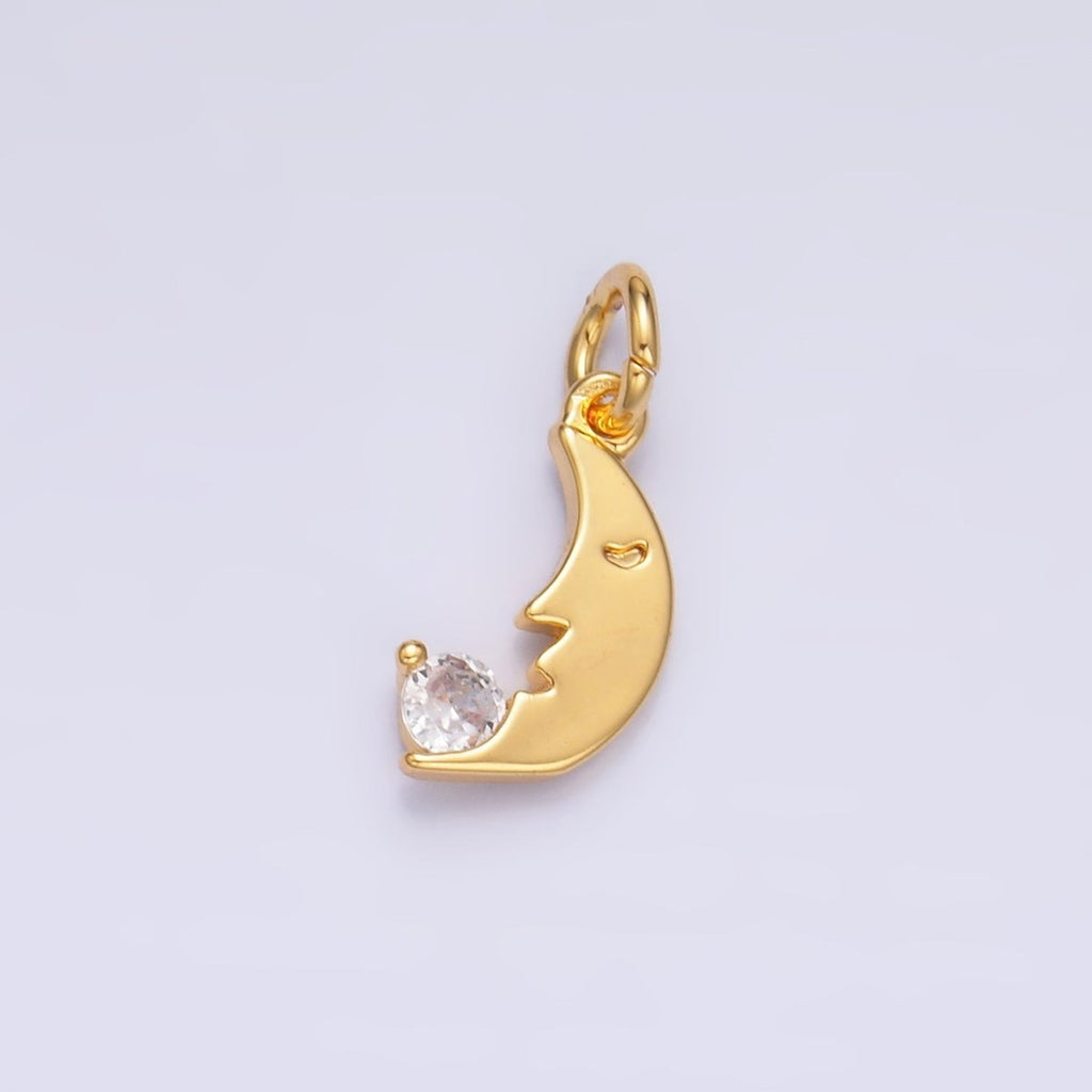 24K Gold plated CZ Celestial Crescent Moon Face Charm in Gold & Silver | W834 - DLUXCA