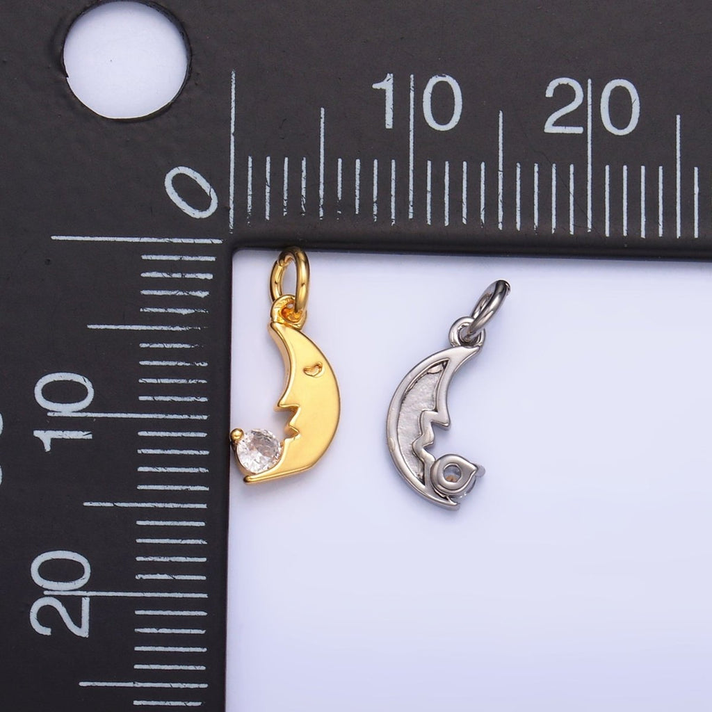 24K Gold plated CZ Celestial Crescent Moon Face Charm in Gold & Silver | W834 - DLUXCA