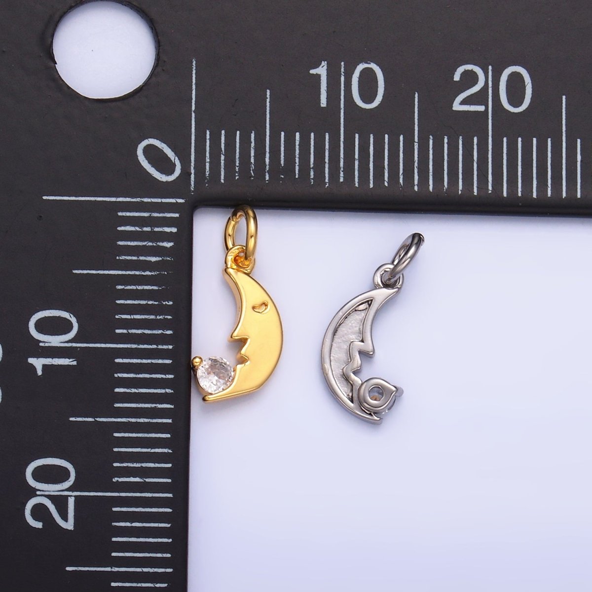 24K Gold plated CZ Celestial Crescent Moon Face Charm in Gold & Silver | W834 - DLUXCA