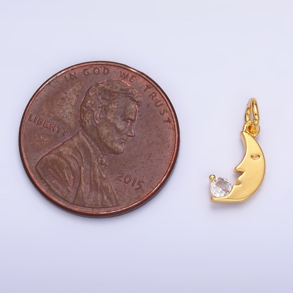 24K Gold plated CZ Celestial Crescent Moon Face Charm in Gold & Silver | W834 - DLUXCA