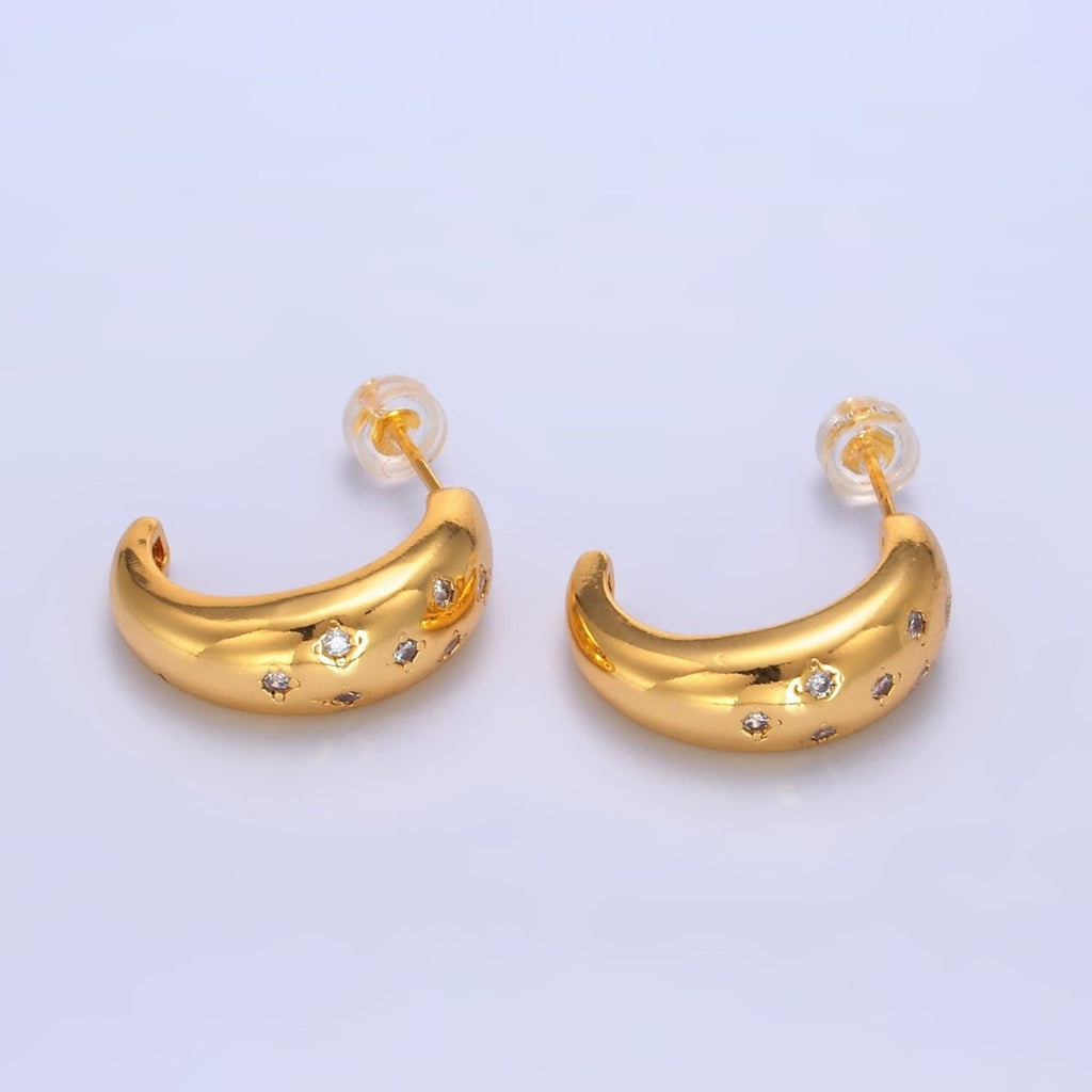 24K Gold plated CZ Celestial Star Dome C - Shaped Hoop Earrings | AB1088 