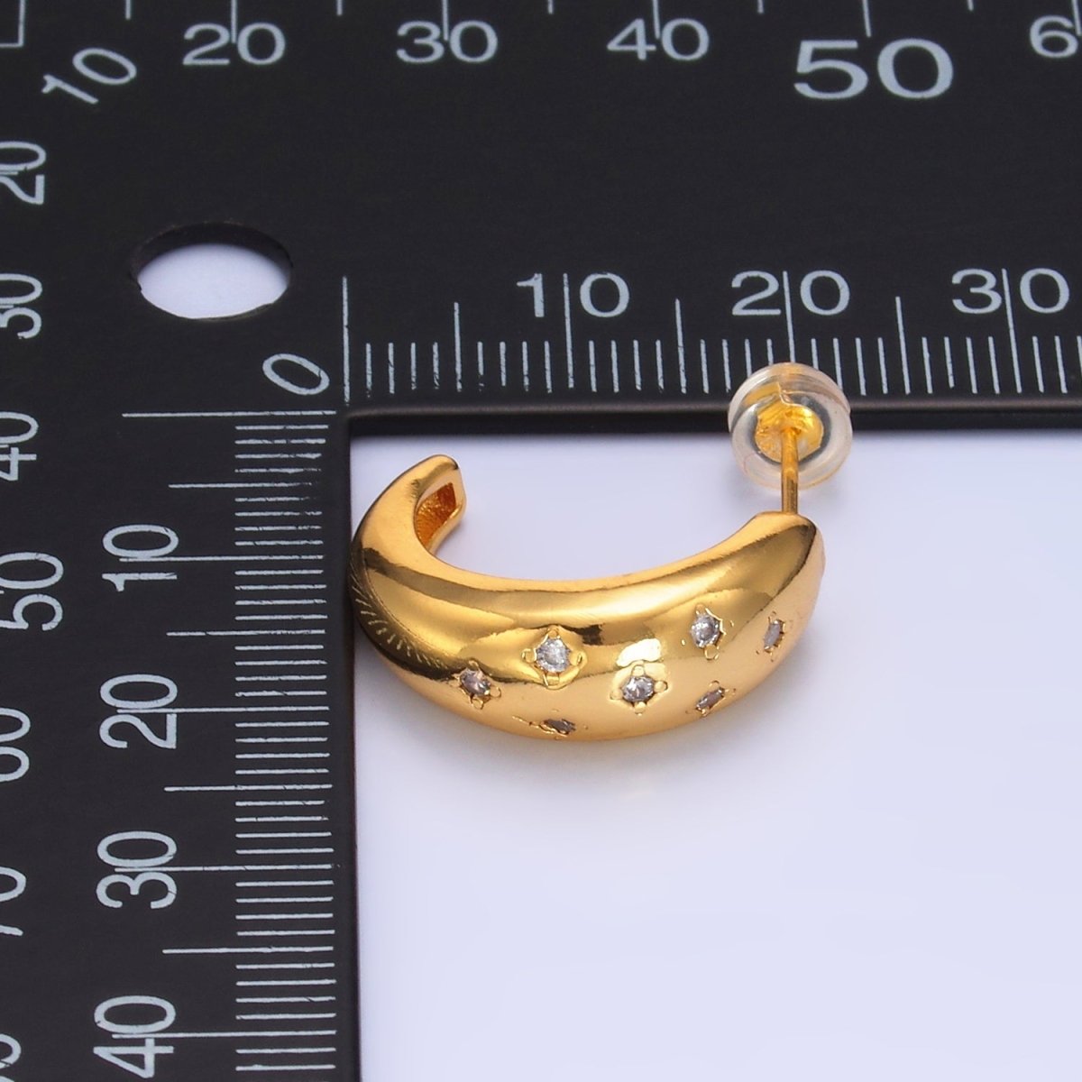 24K Gold plated CZ Celestial Star Dome C - Shaped Hoop Earrings | AB1088 