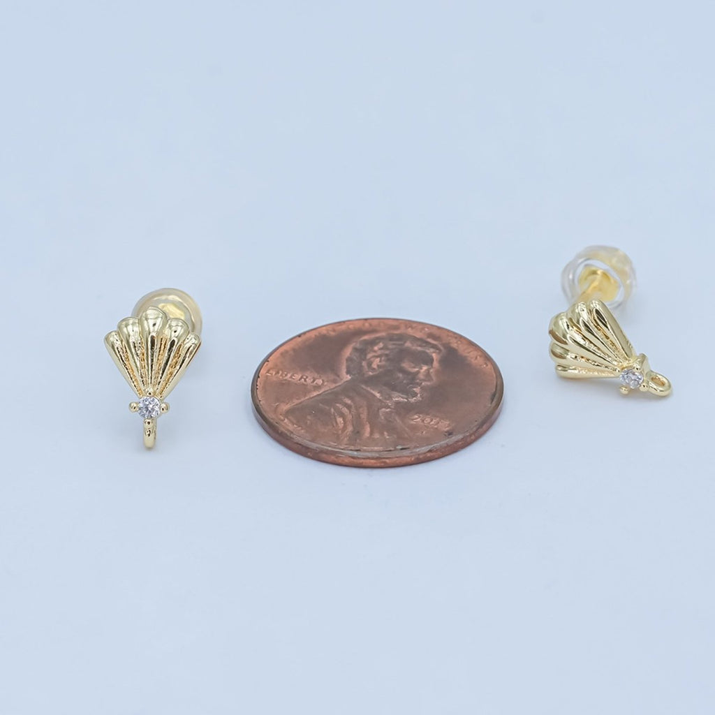 24K Gold plated CZ Clam Sea Shell Stud Drop Earrings | Z1131 - DLUXCA
