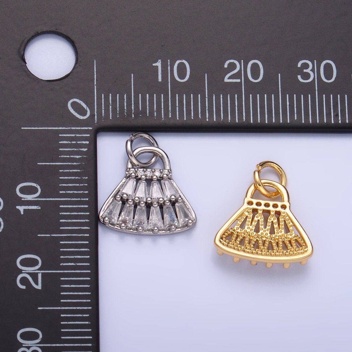 24K Gold plated CZ Clear Baguette Bag Purse Fashion Charm in Gold & Silver | W418 