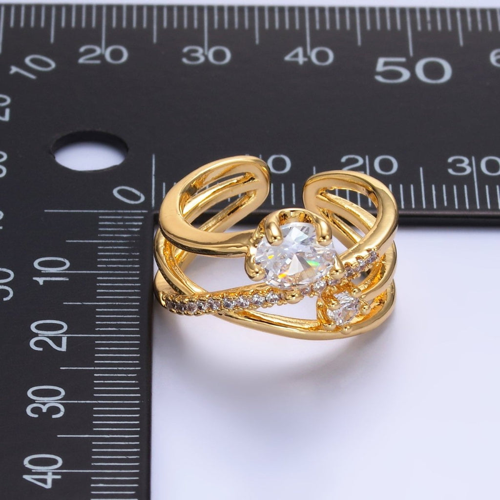 24K Gold plated CZ Clear Micro Paved Geometric Multi - Band Ring | O550 - DLUXCA
