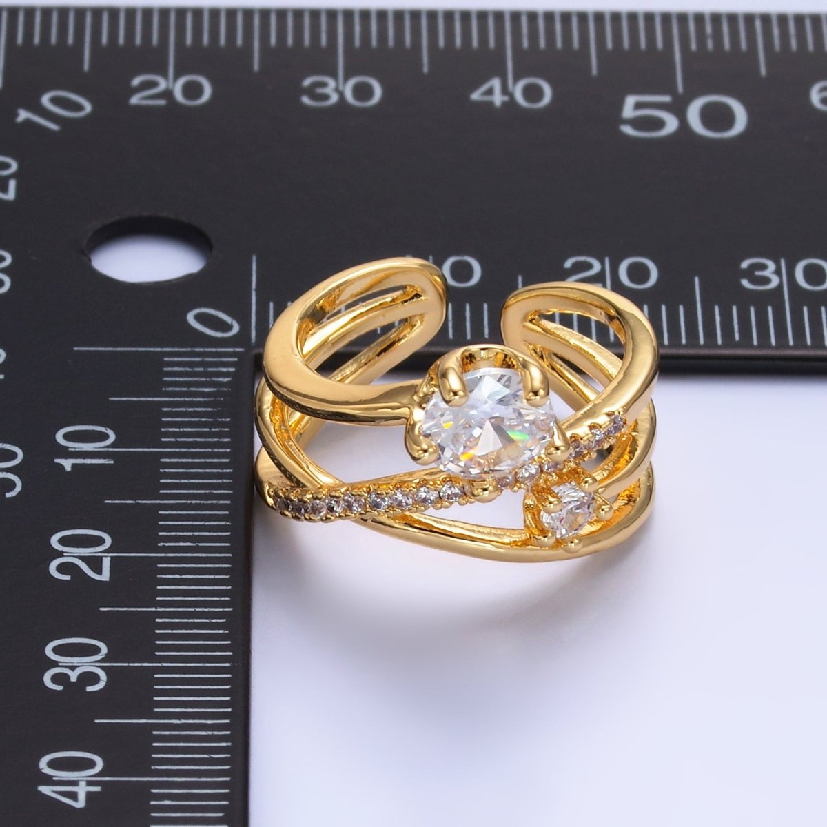 24K Gold plated CZ Clear Micro Paved Geometric Multi - Band Ring | O550 - DLUXCA