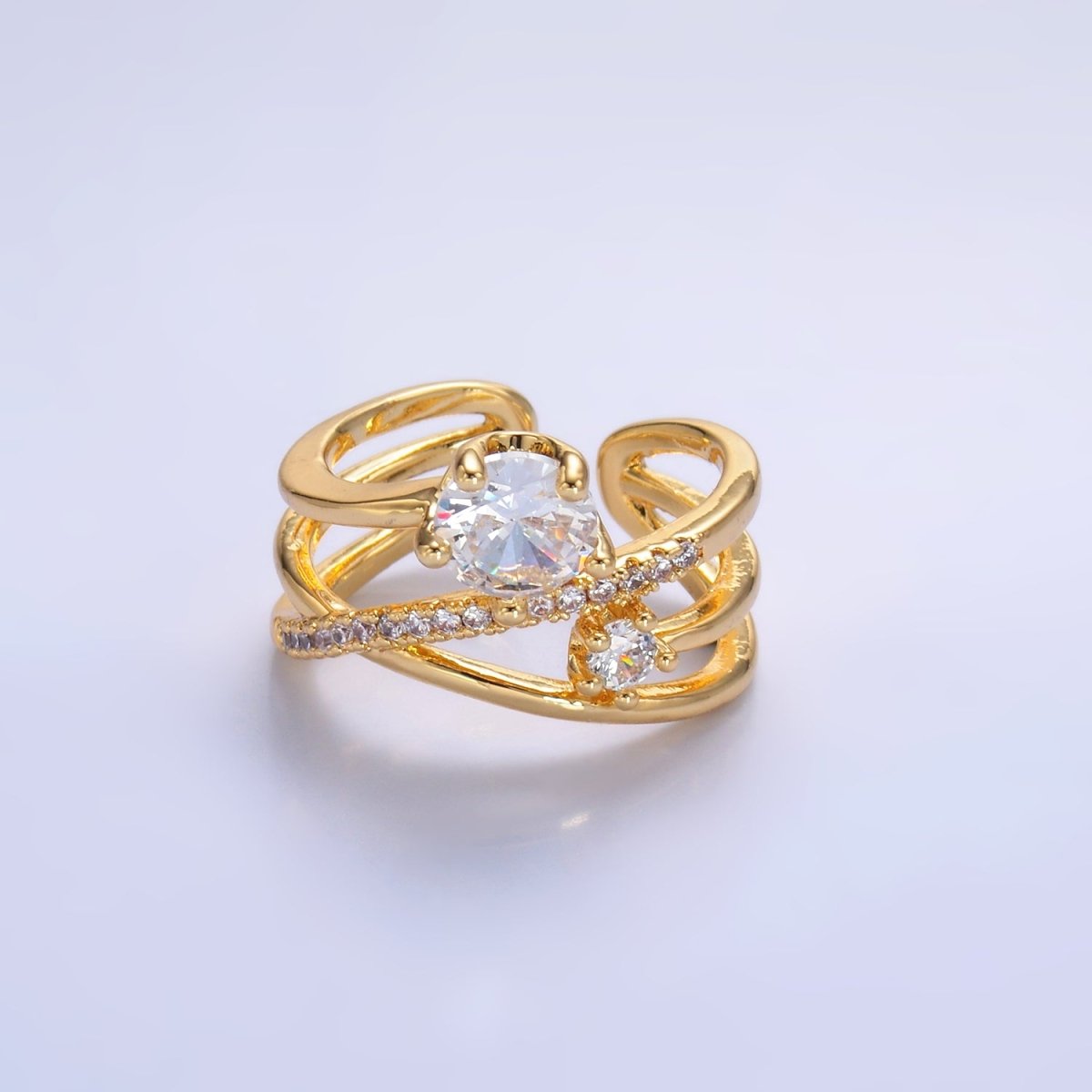 24K Gold plated CZ Clear Micro Paved Geometric Multi - Band Ring | O550 - DLUXCA