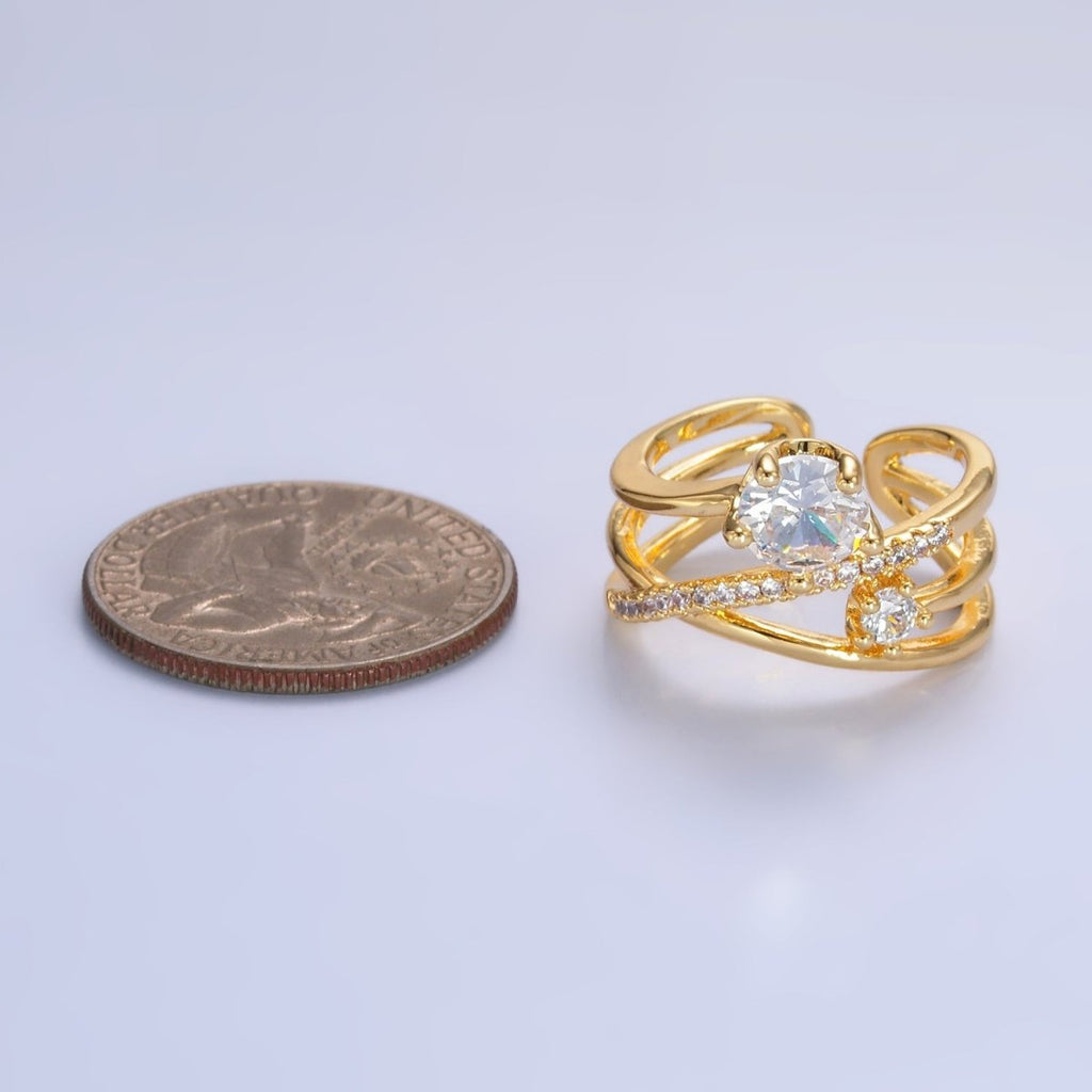 24K Gold plated CZ Clear Micro Paved Geometric Multi - Band Ring | O550 - DLUXCA