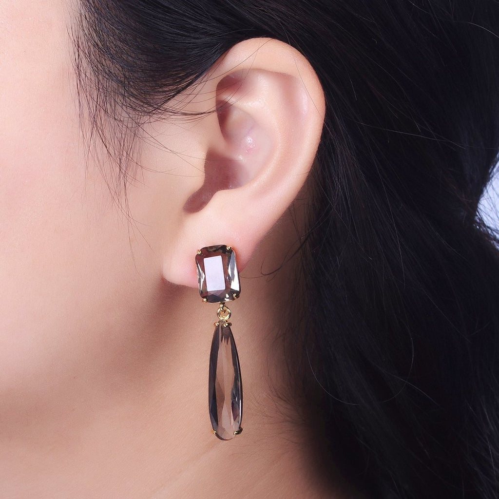 24K Gold plated CZ Cubic Zirconia Baguette Teardrop Dangle Studs Earrings | Y-232~Y-243 - DLUXCA