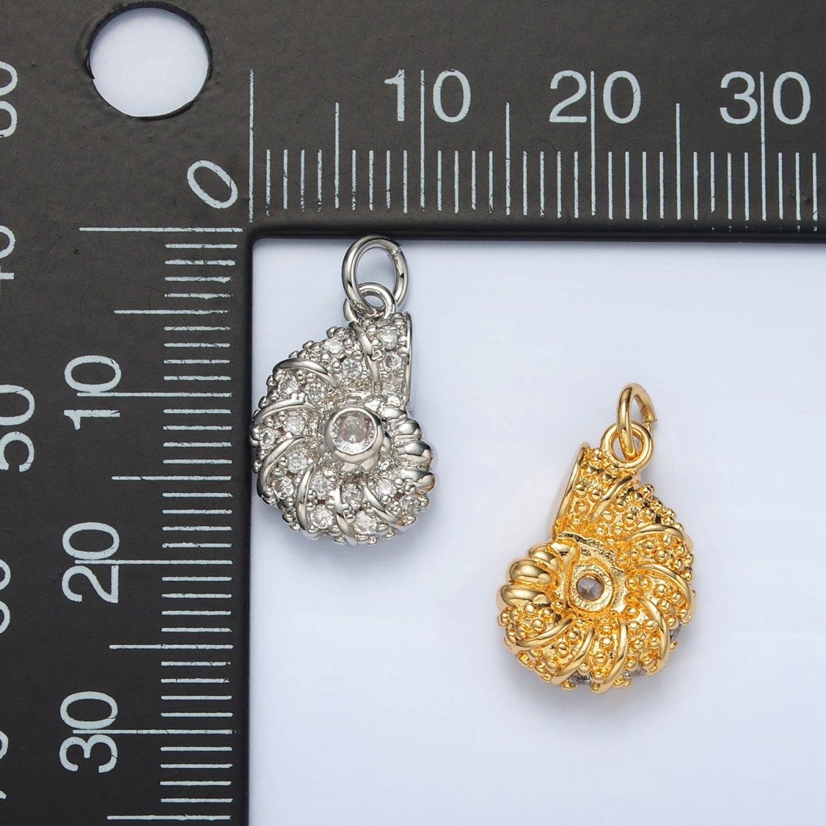 24K Gold plated CZ Dotted Clam Sea Shell Charm in Gold & Silver | M747 - DLUXCA