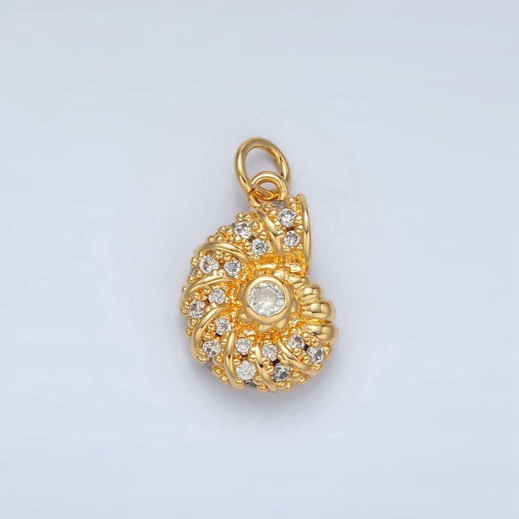 24K Gold plated CZ Dotted Clam Sea Shell Charm in Gold & Silver | M747 - DLUXCA