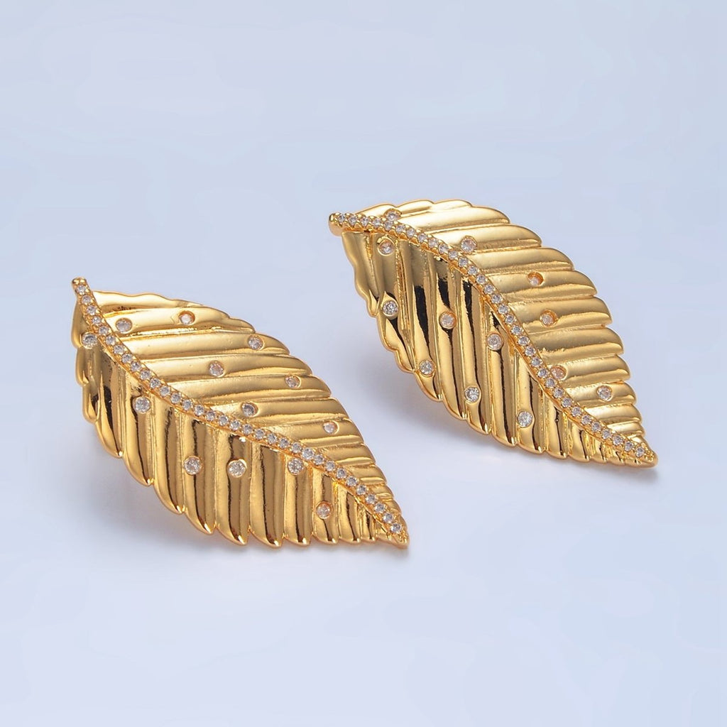 24K Gold plated CZ Dotted Micro Paved Leaf Stud Earrings | AD778 - DLUXCA
