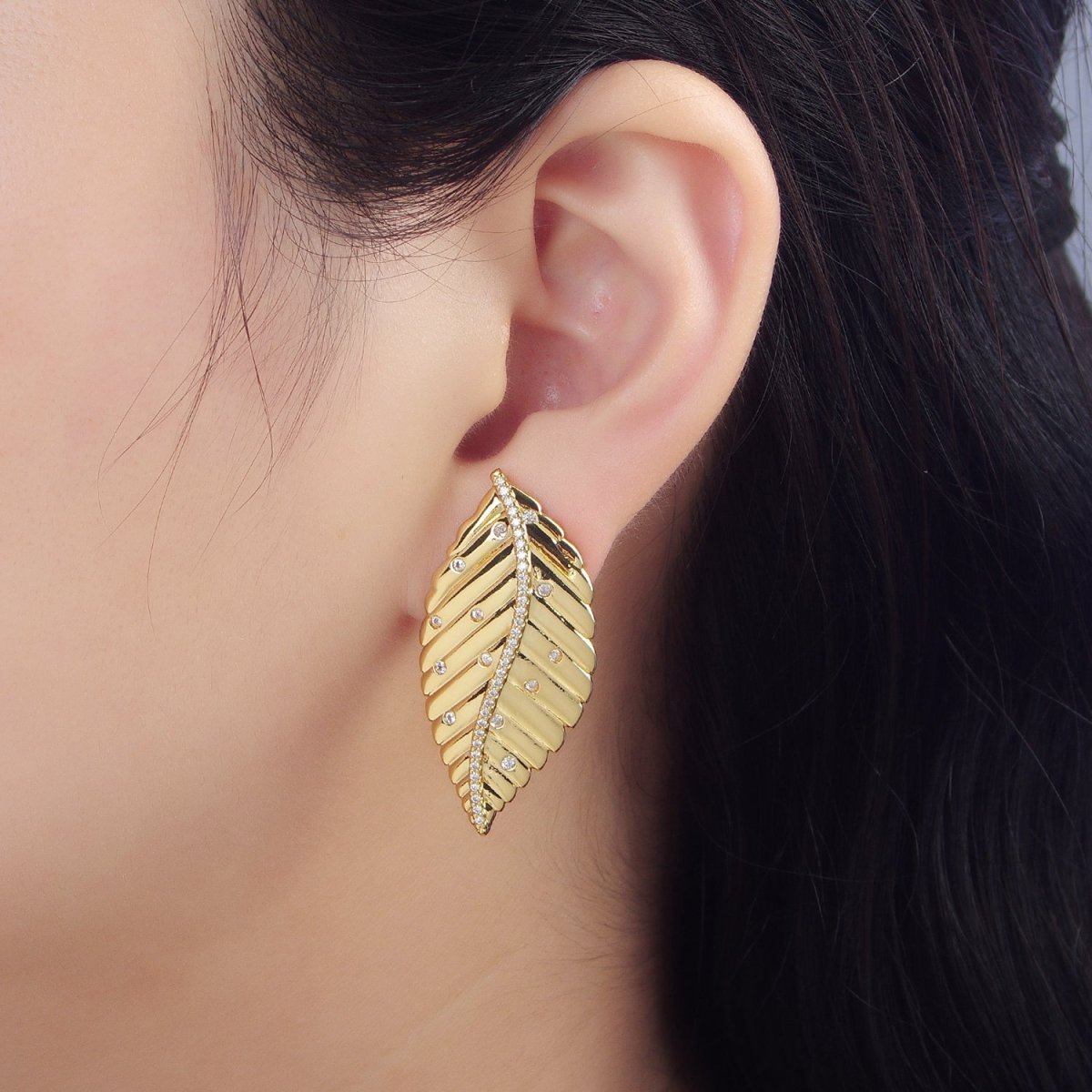 24K Gold plated CZ Dotted Micro Paved Leaf Stud Earrings | AD778 - DLUXCA