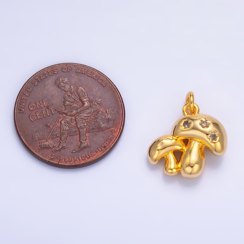 24K Gold plated CZ Double Mushroom 3D Multidimensional Charm in Gold & Silver | W884 - DLUXCA