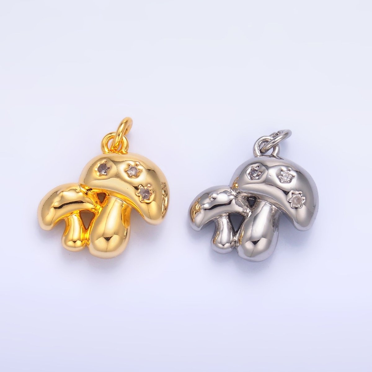 24K Gold plated CZ Double Mushroom 3D Multidimensional Charm in Gold & Silver | W884 - DLUXCA