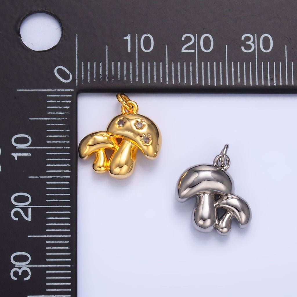 24K Gold plated CZ Double Mushroom 3D Multidimensional Charm in Gold & Silver | W884 - DLUXCA