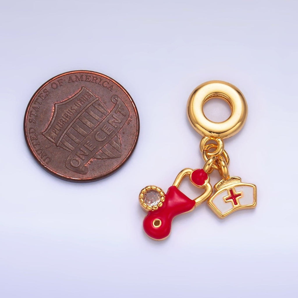 24K Gold plated CZ Enamel Nurse Doctor Stethoscope Rhondelle Drop Pendant | W331 - DLUXCA