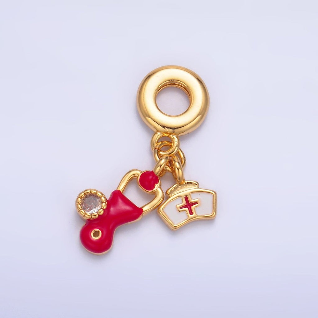 24K Gold plated CZ Enamel Nurse Doctor Stethoscope Rhondelle Drop Pendant | W331 - DLUXCA