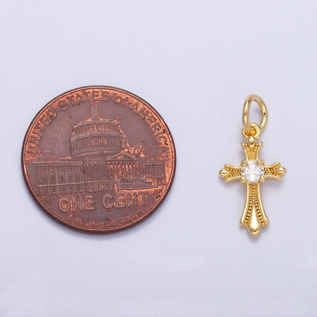 24K Gold plated CZ Fleur Cross Religious Charm in Gold & Silver | N002 