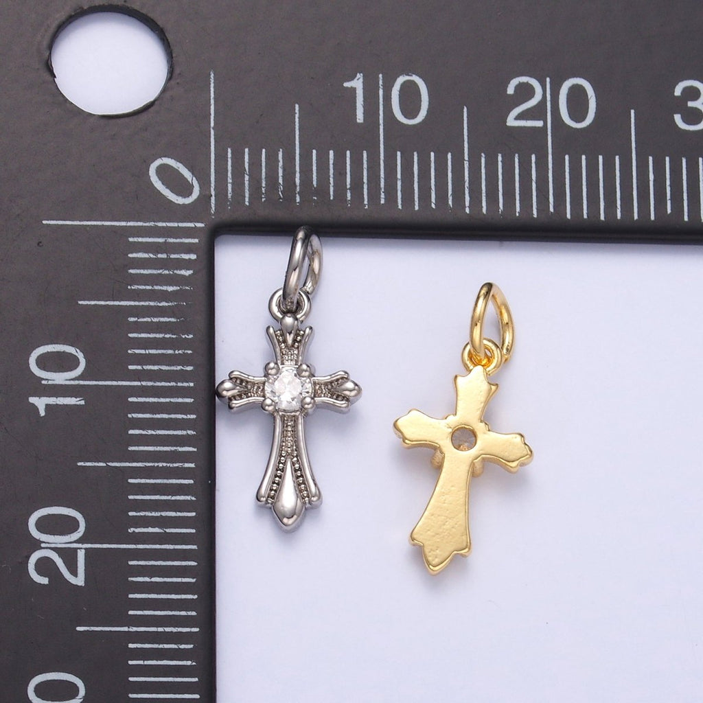 24K Gold plated CZ Fleur Cross Religious Charm in Gold & Silver | N002 