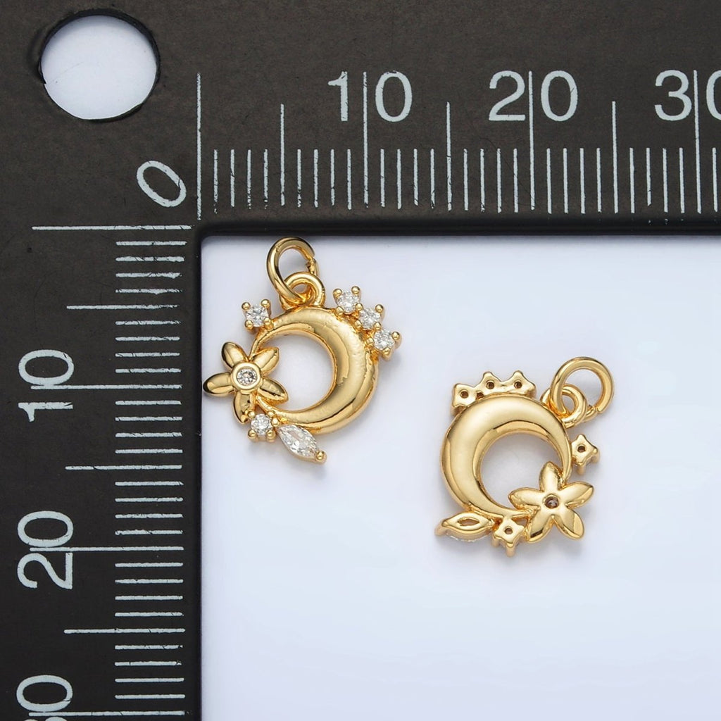 24K Gold plated CZ Flower and Cresent Moon Celestial Charm | AC - 111 - DLUXCA