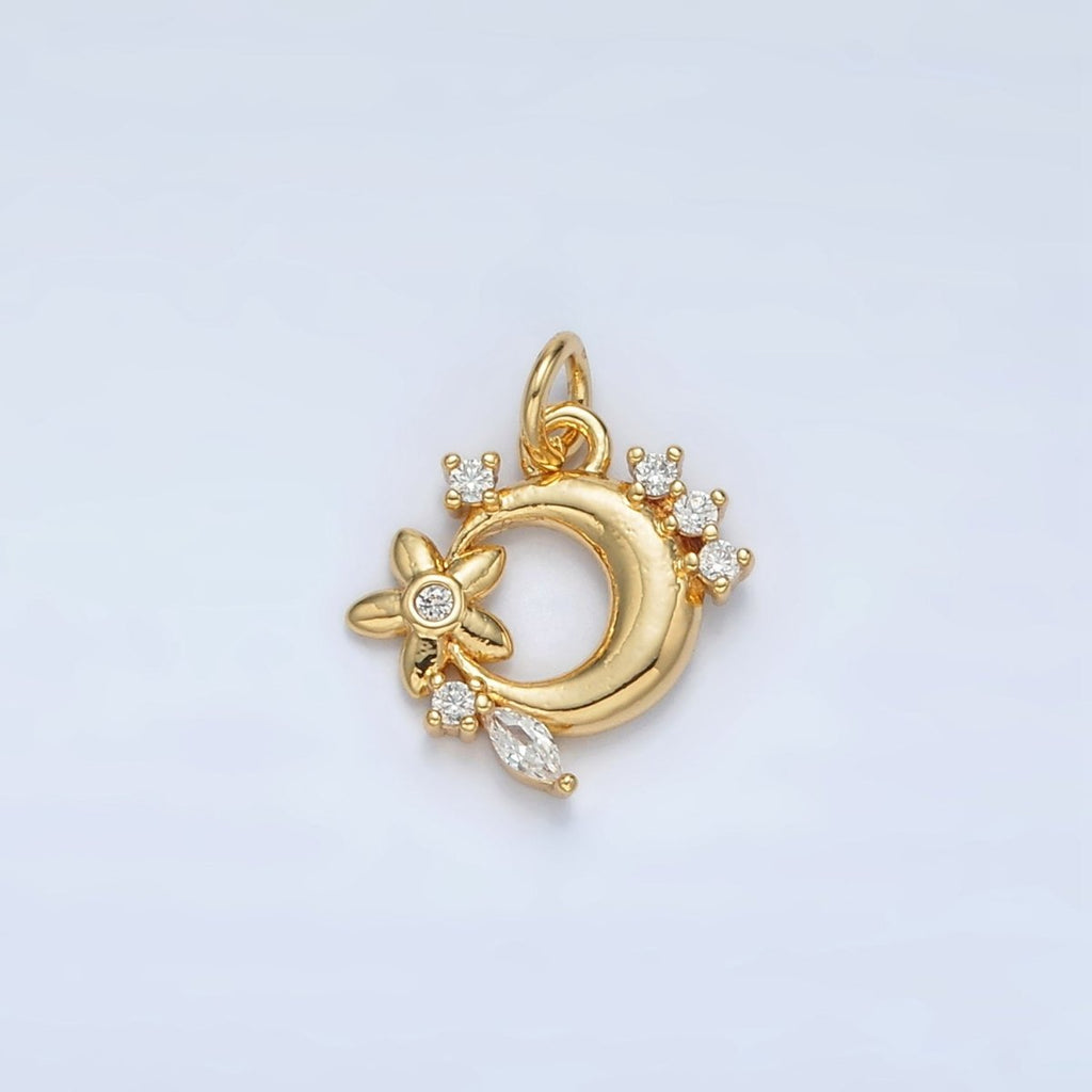 24K Gold plated CZ Flower and Cresent Moon Celestial Charm | AC - 111 - DLUXCA
