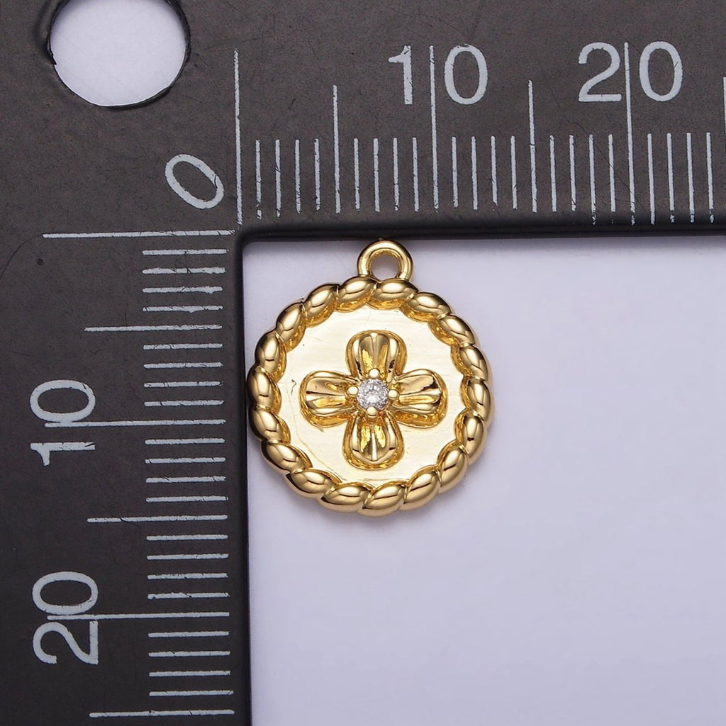 24K Gold plated CZ Flower Braided Round Coin Charm | AC1429 - DLUXCA
