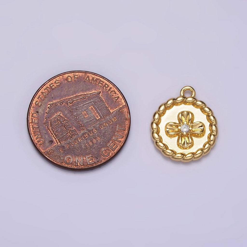 24K Gold plated CZ Flower Braided Round Coin Charm | AC1429 - DLUXCA