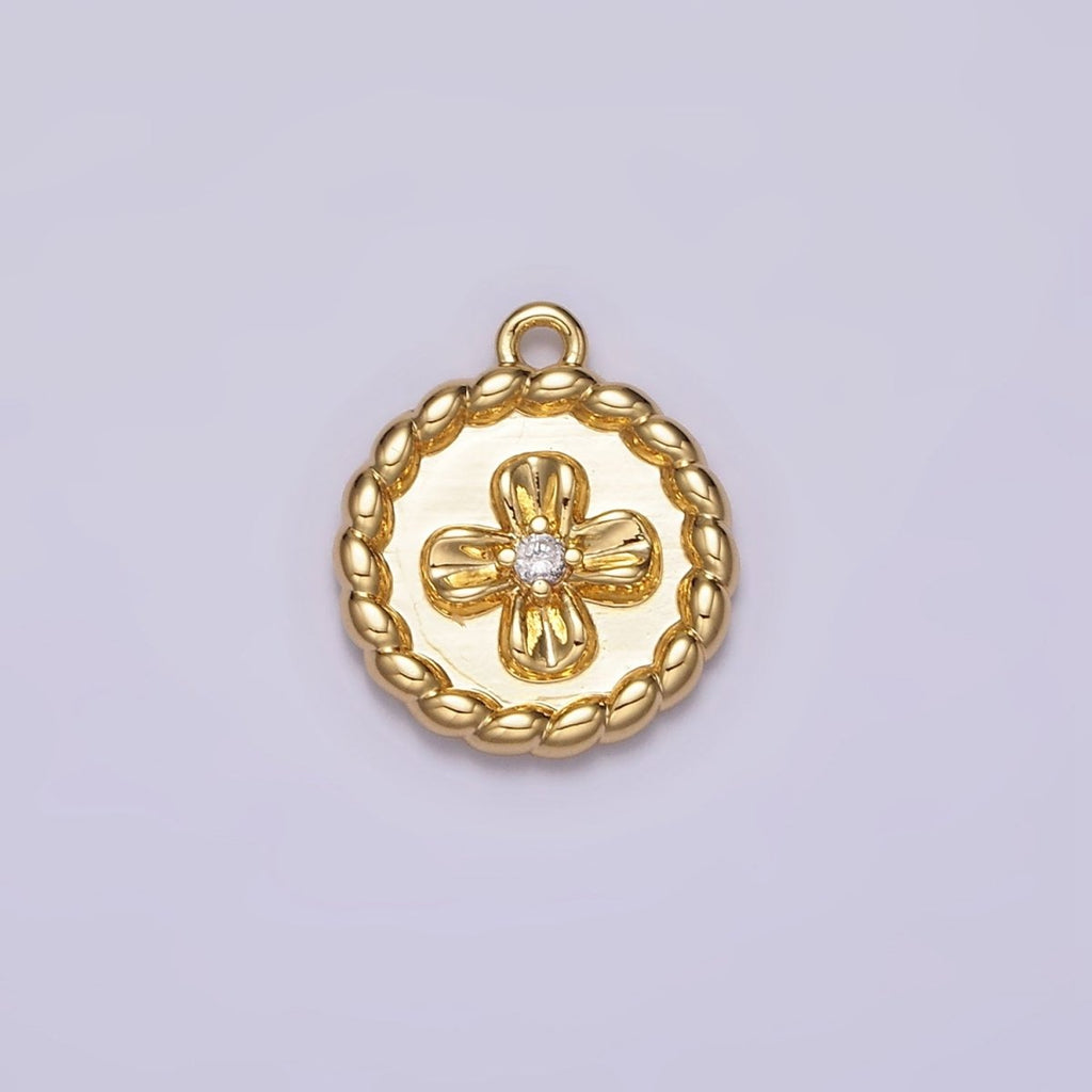 24K Gold plated CZ Flower Braided Round Coin Charm | AC1429 - DLUXCA
