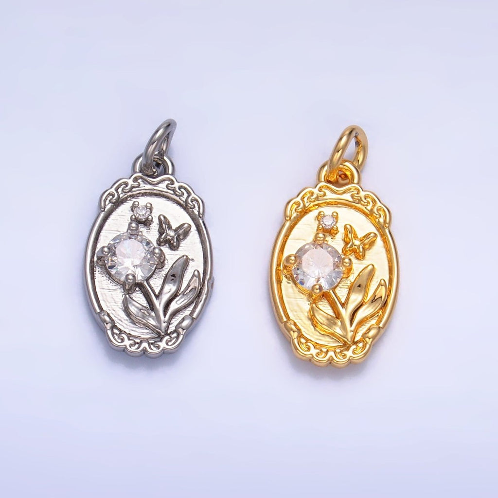 24K Gold plated CZ Flower Butterfly Oval Charm in Gold & Silver | W383