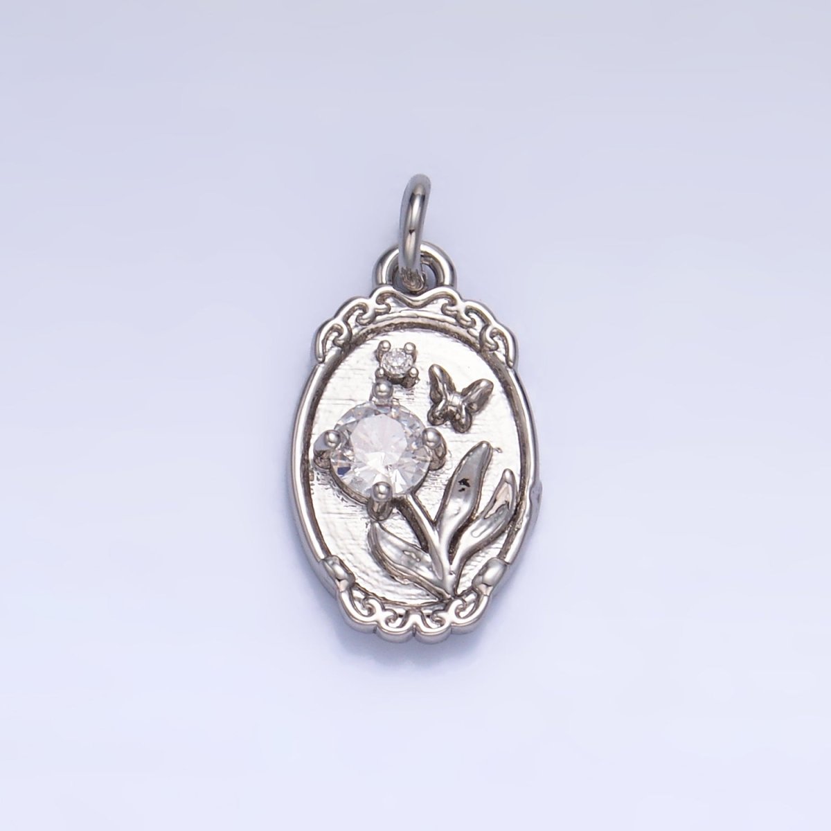 24K Gold plated CZ Flower Butterfly Oval Charm in Gold & Silver | W383
