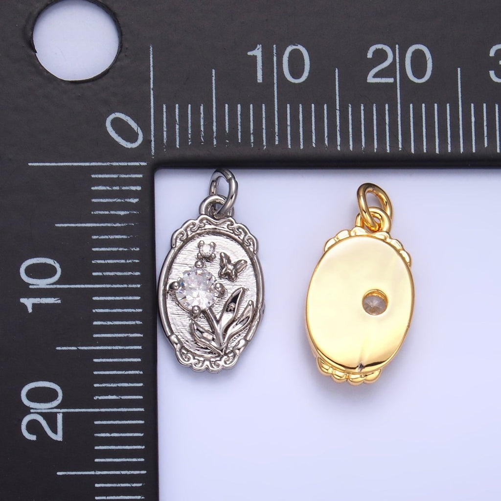 24K Gold plated CZ Flower Butterfly Oval Charm in Gold & Silver | W383
