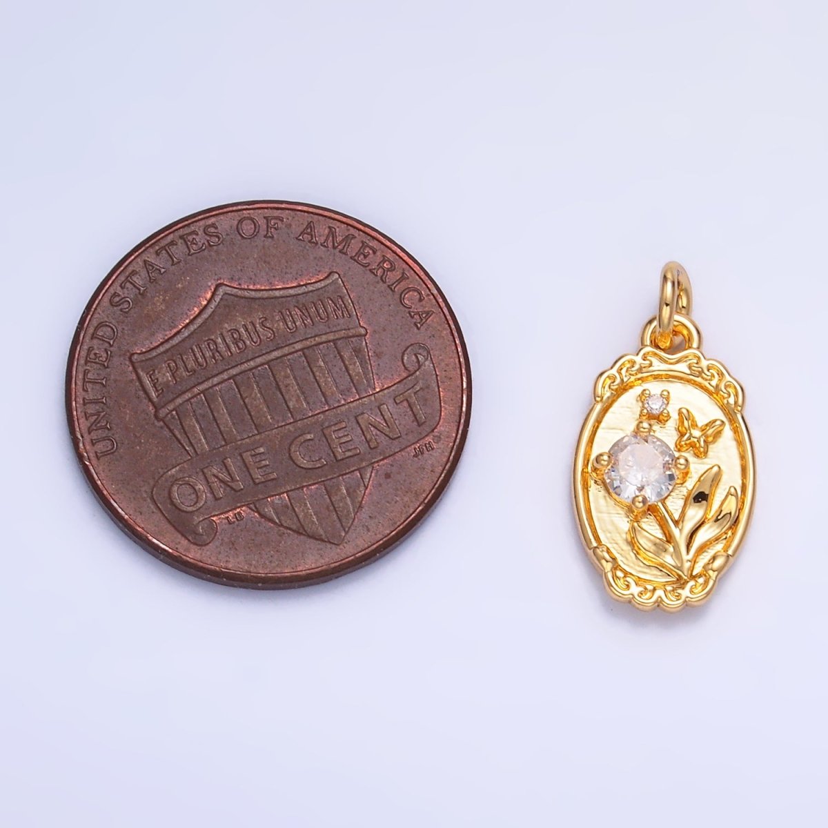 24K Gold plated CZ Flower Butterfly Oval Charm in Gold & Silver | W383