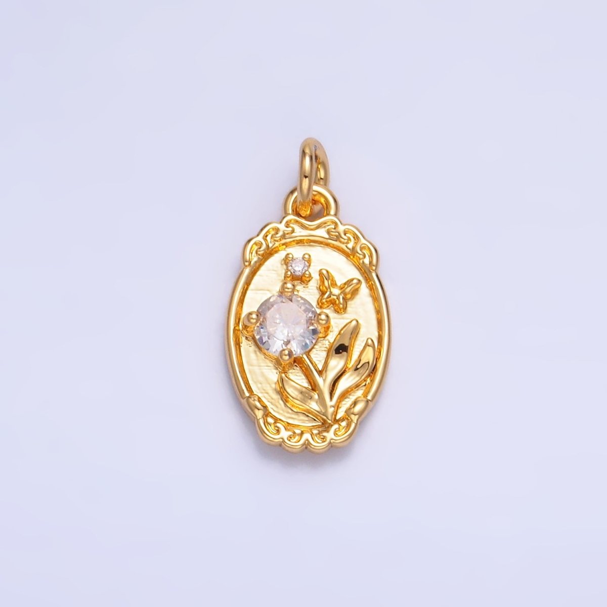24K Gold plated CZ Flower Butterfly Oval Charm in Gold & Silver | W383
