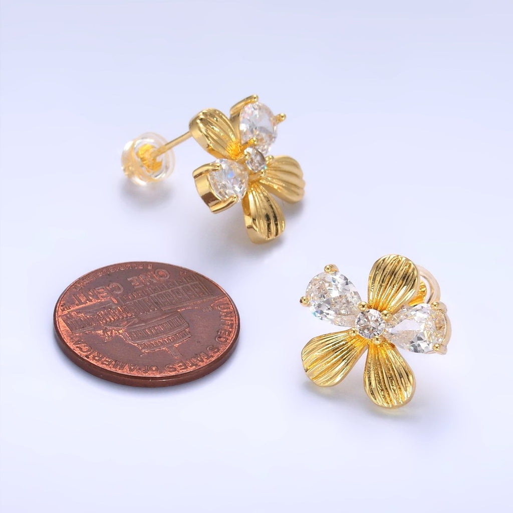 24K Gold plated CZ Flower Lined Stud Earrings | AB710 