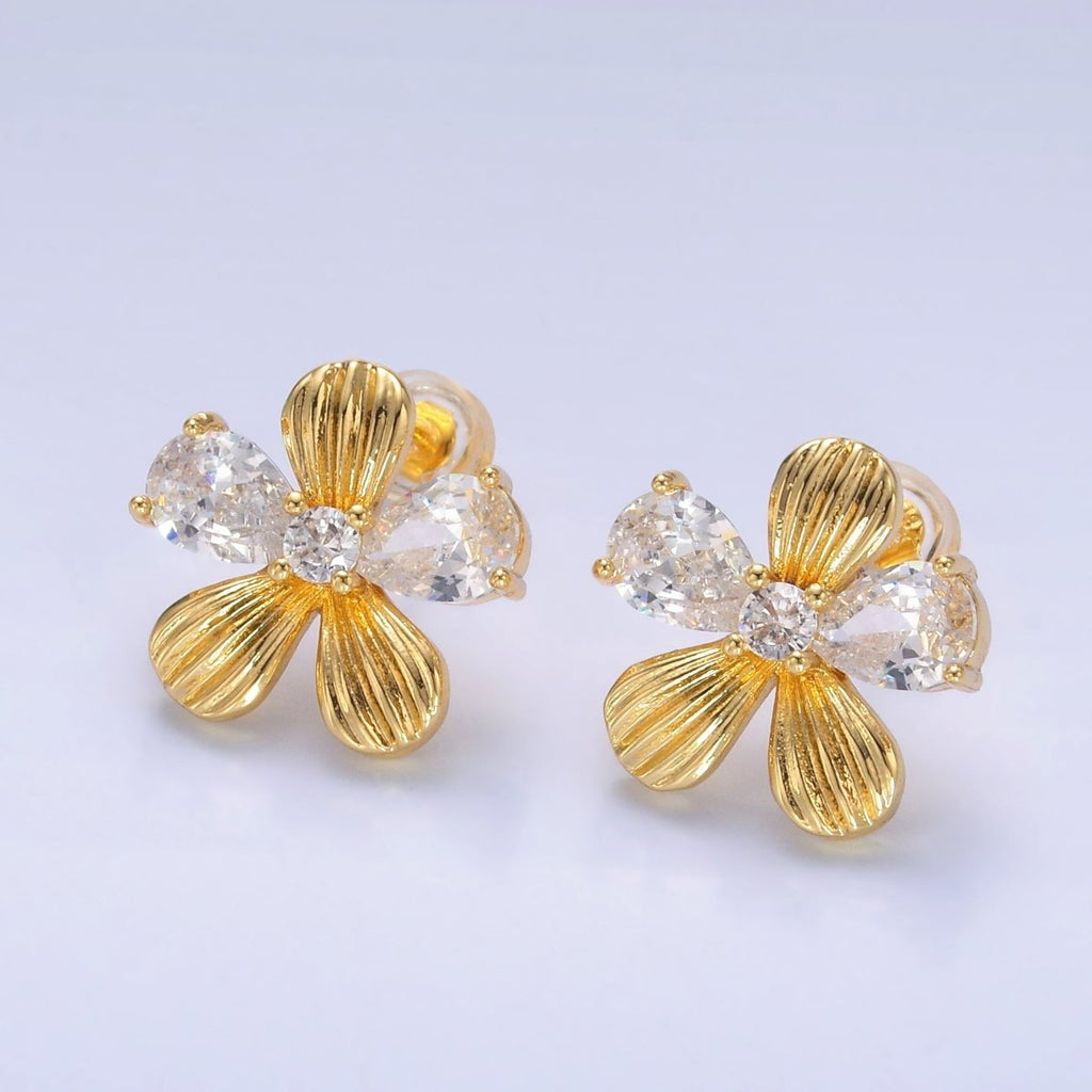 24K Gold plated CZ Flower Lined Stud Earrings | AB710 