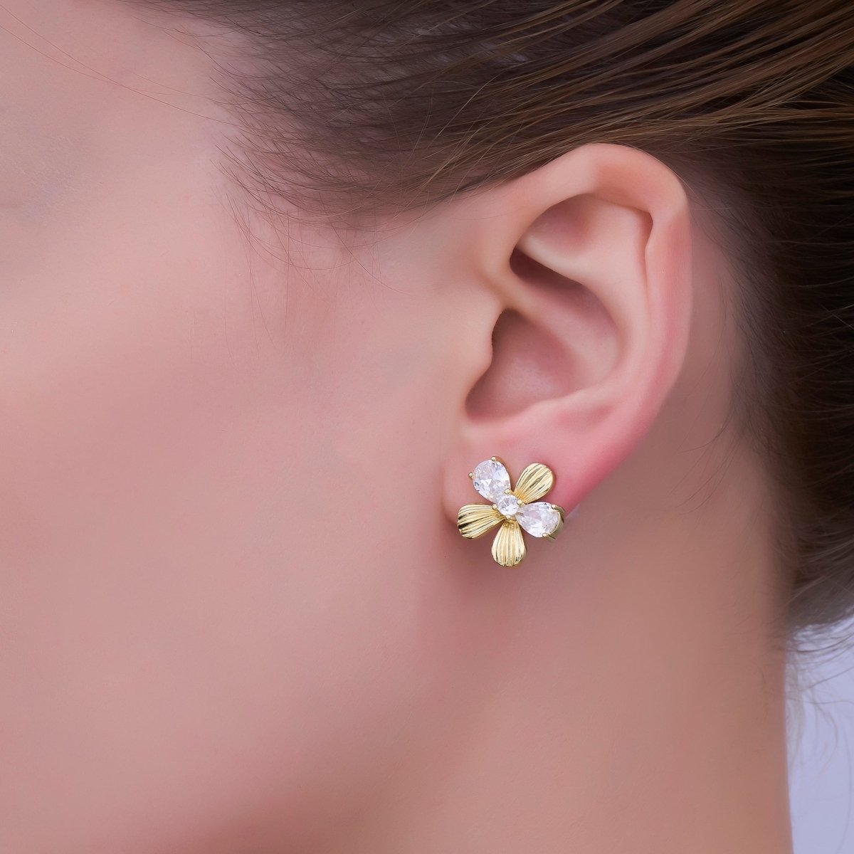 24K Gold plated CZ Flower Lined Stud Earrings | AB710 