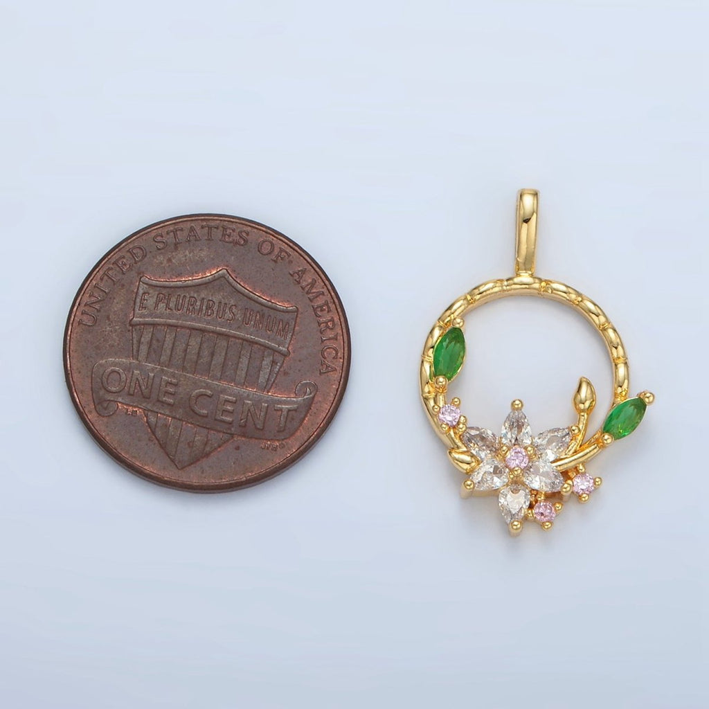 24K Gold plated CZ Flower Open Round Quilted Bezel Pendant | AA128 - DLUXCA