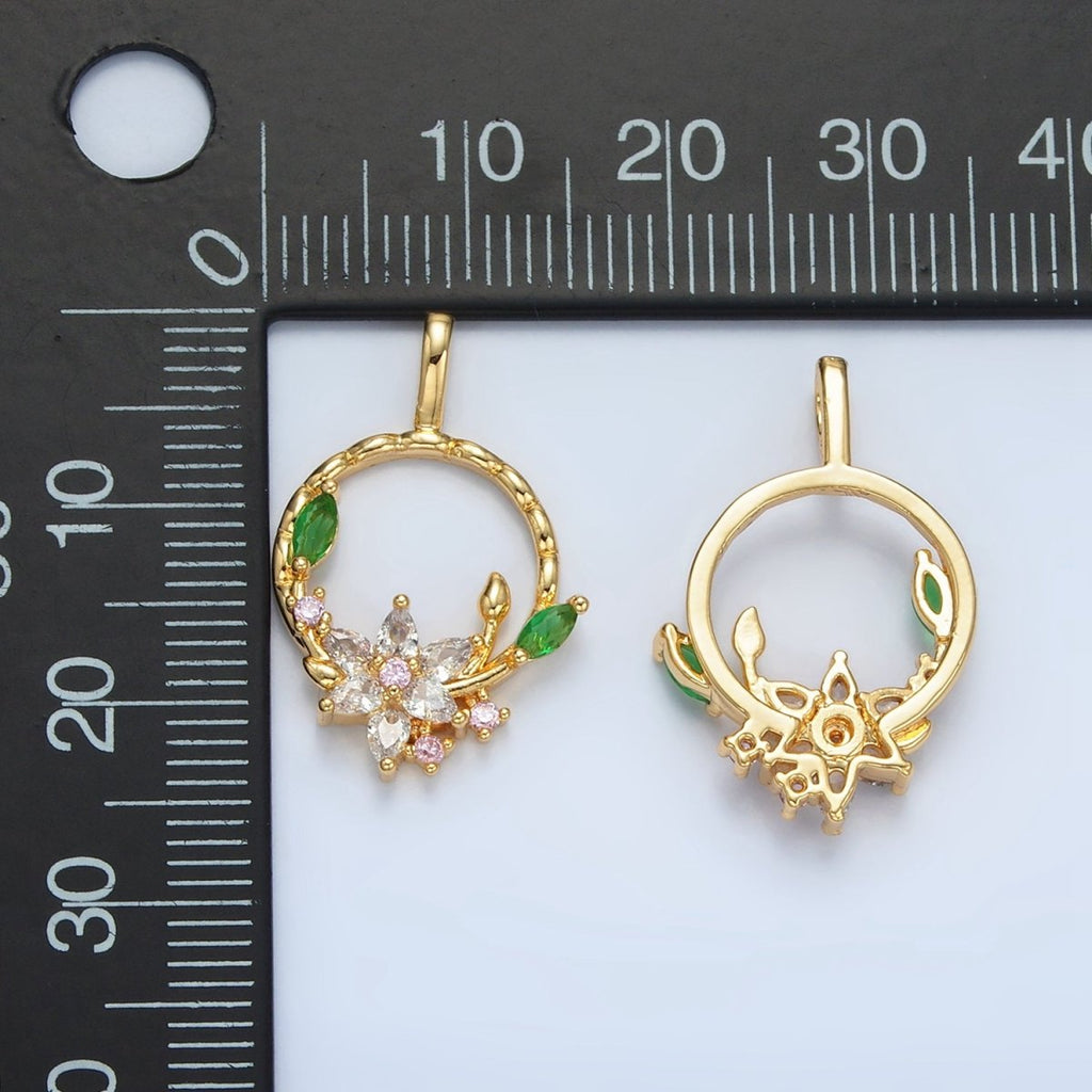 24K Gold plated CZ Flower Open Round Quilted Bezel Pendant | AA128 - DLUXCA