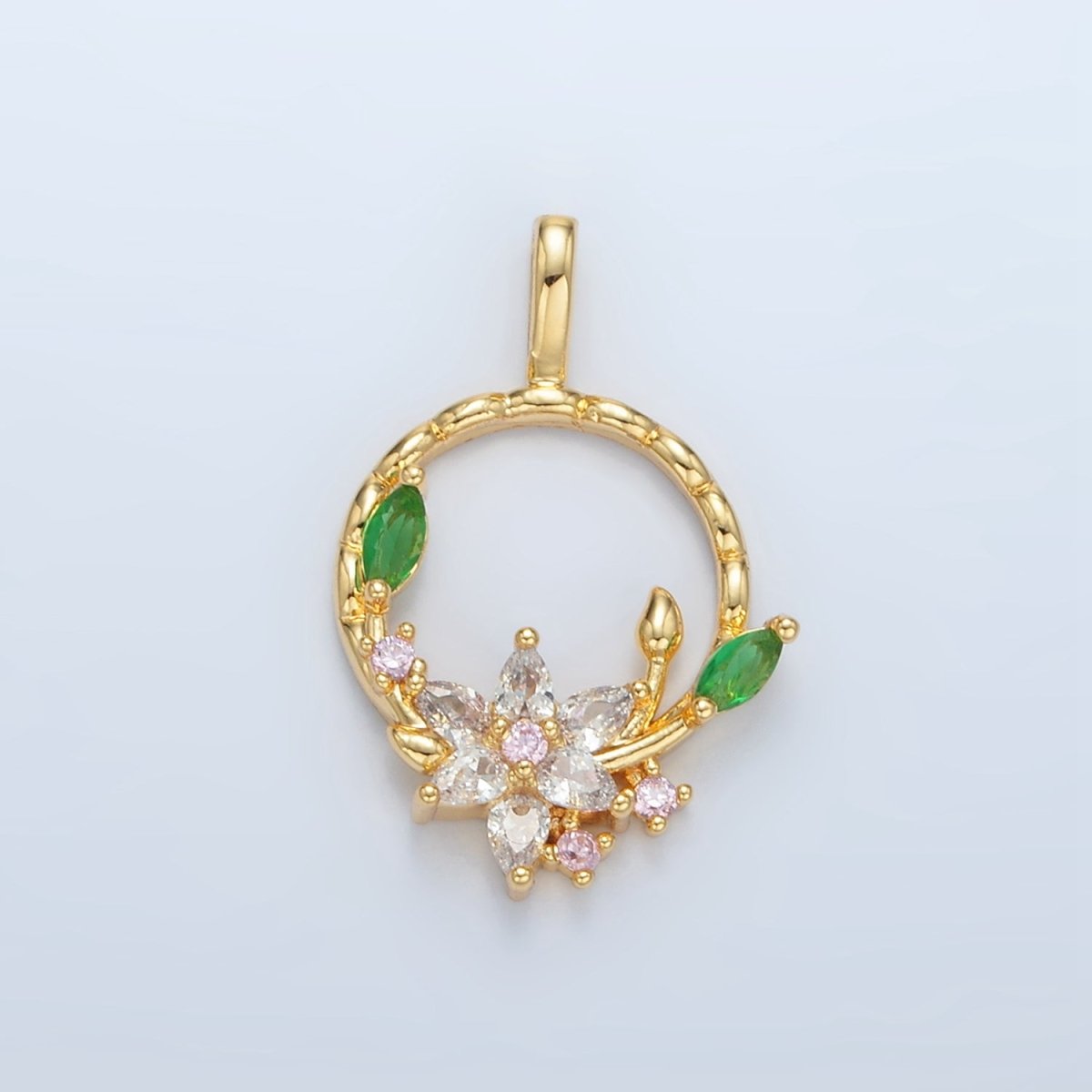 24K Gold plated CZ Flower Open Round Quilted Bezel Pendant | AA128 - DLUXCA