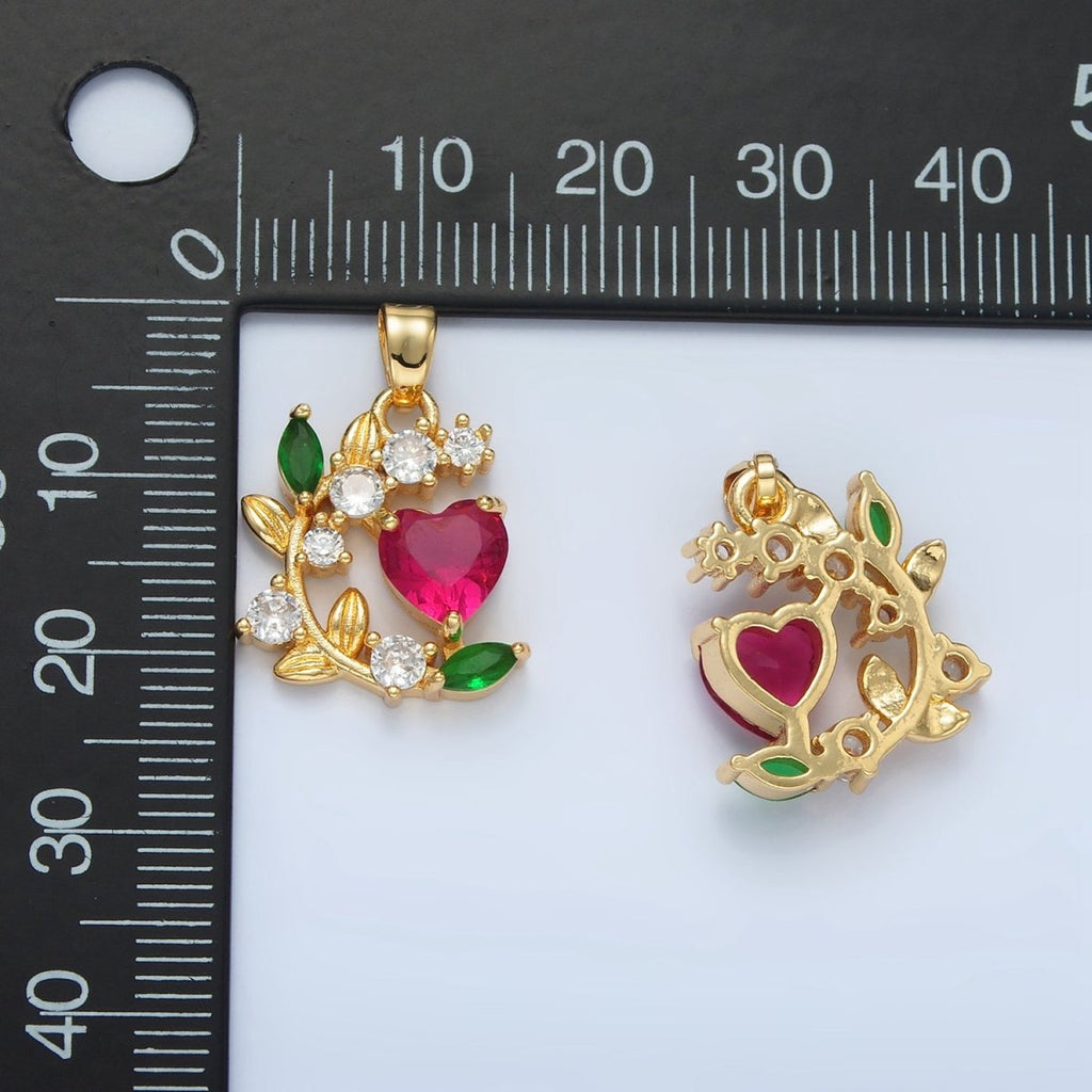 24K Gold plated CZ Fuchsia Heart Vine Flower Pendant | AA879 - DLUXCA