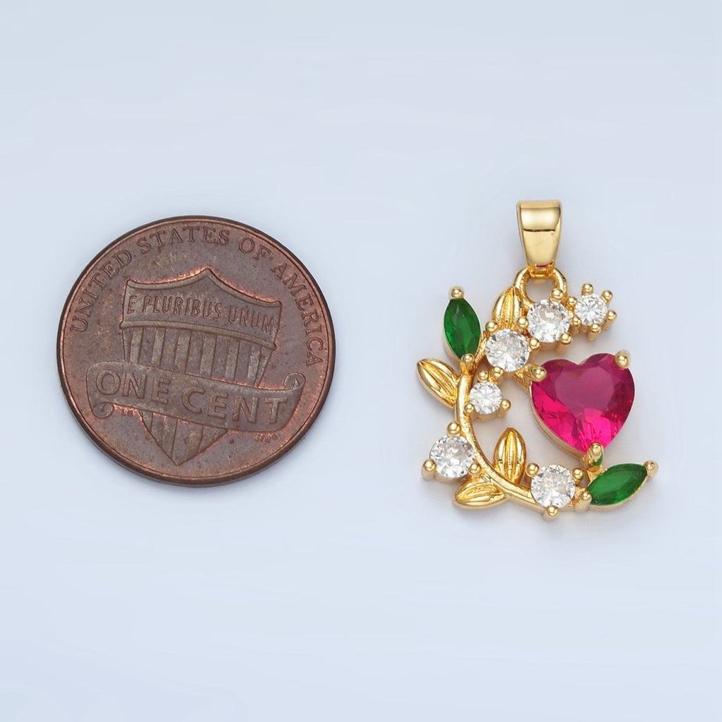 24K Gold plated CZ Fuchsia Heart Vine Flower Pendant | AA879 - DLUXCA