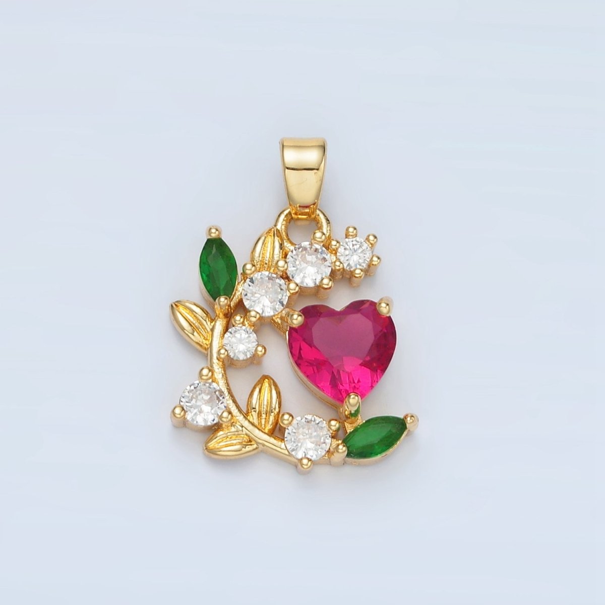 24K Gold plated CZ Fuchsia Heart Vine Flower Pendant | AA879 - DLUXCA