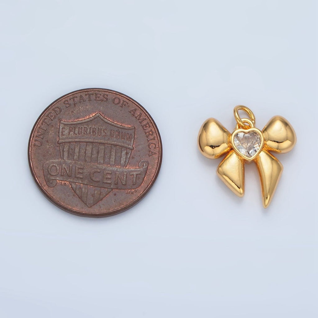 24k Gold plated CZ Heart Puffy Ribbon Bow Charm | X - 311 - DLUXCA
