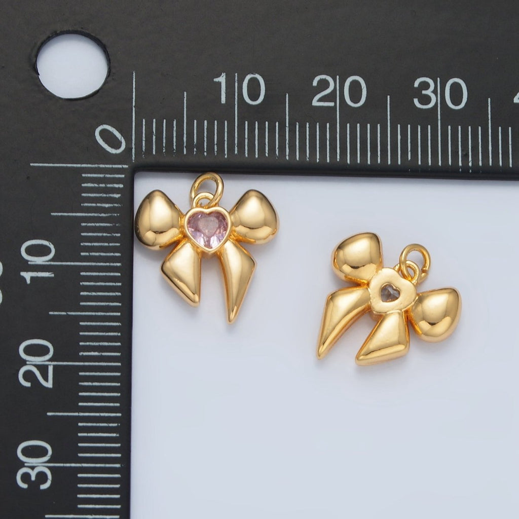 24k Gold plated CZ Heart Puffy Ribbon Bow Charm | X - 311 - DLUXCA