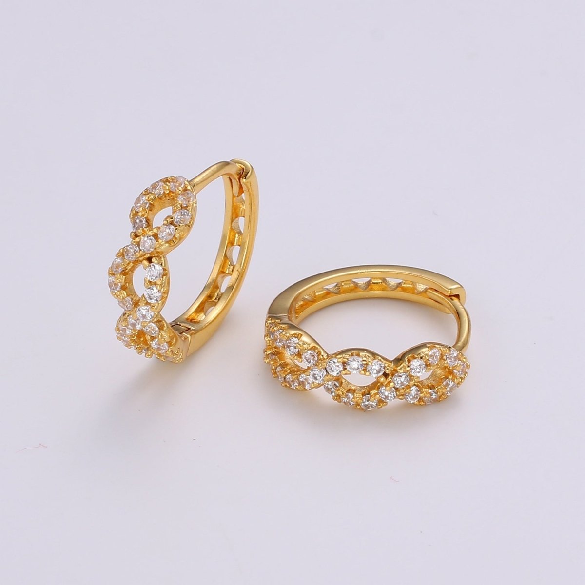 24K Gold plated CZ Infinity Hoop Earrings, Micro Pave Cartilage Huggie Hoop Earrings, Lever back Earrings, Hypoallergenic Q-504 - DLUXCA