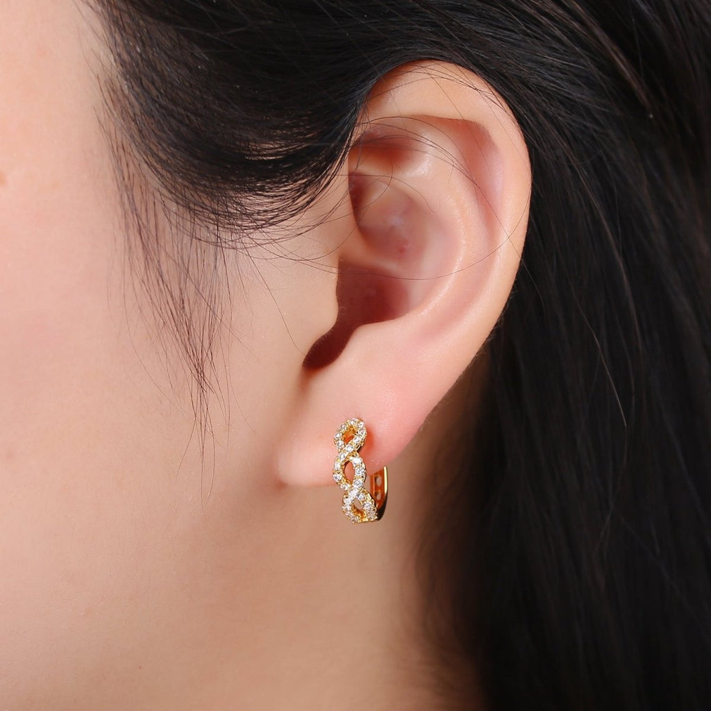 24K Gold plated CZ Infinity Hoop Earrings, Micro Pave Cartilage Huggie Hoop Earrings, Lever back Earrings, Hypoallergenic Q-504 - DLUXCA