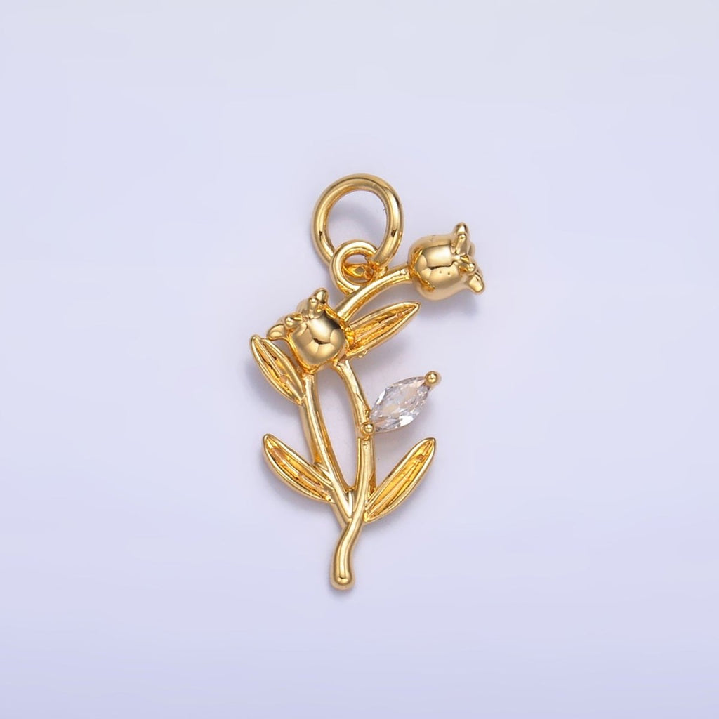 24K Gold plated CZ Larkspur Flower Multidimensional 3D Charm in Gold & Silver | M177 